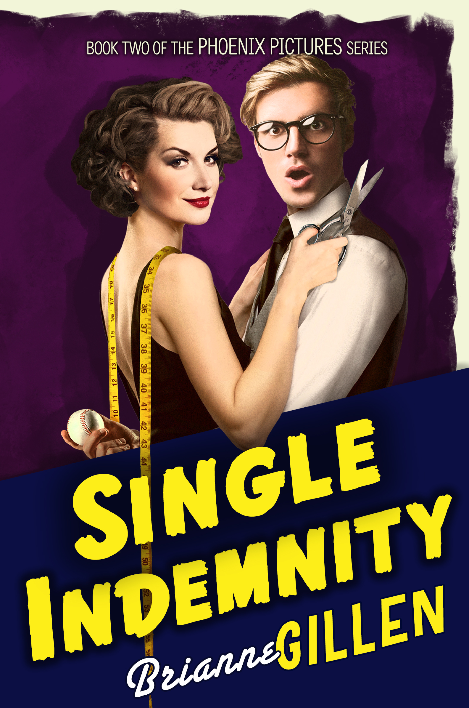 Cover of Single Indemnity, featuring (against a purple background) a brunette white woman with red lipstick, wearing a black dress and a yellow tape measure draped around her neck and holding a pair of silver scissors, embraces a blonde white man, mouth open in shock, wearing glasses and a white shirt, tan vest, and dark tie, and holding a baseball behind her back. A blue band with yellow lettering across the bottom reads "Single Indemnity. Brianne Gillen."