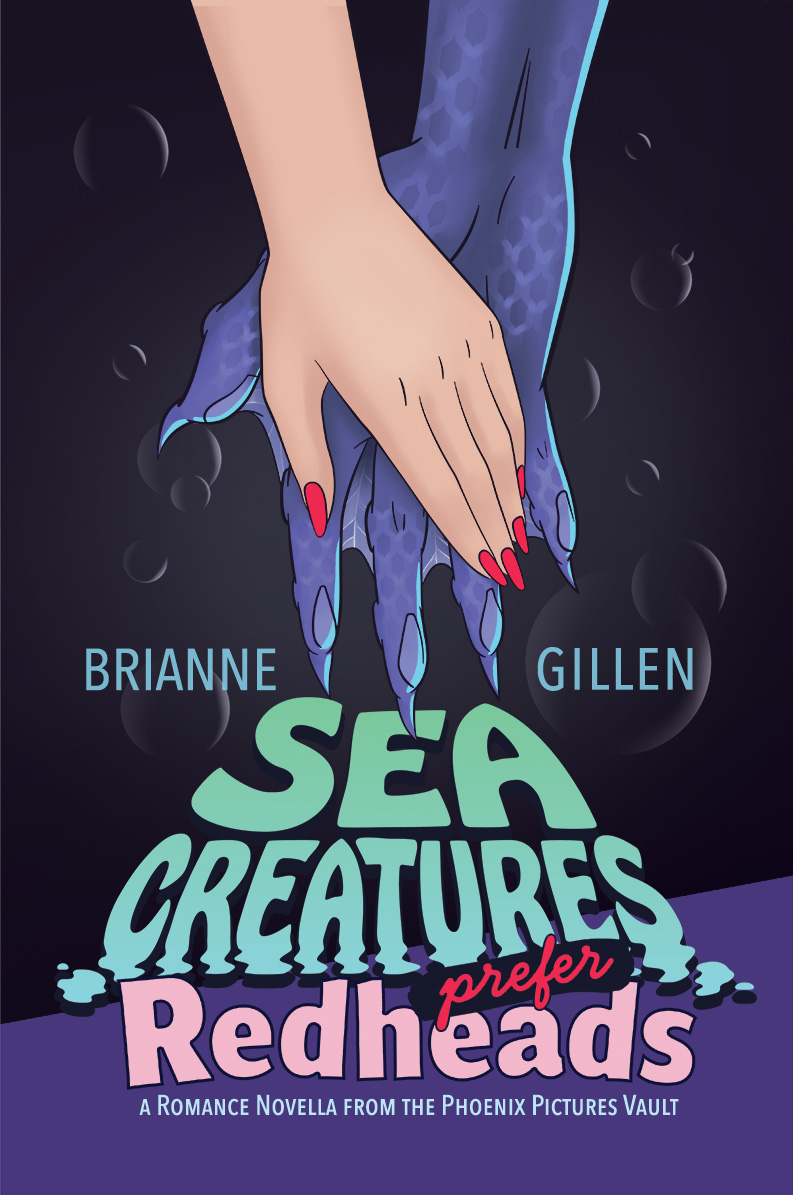 Cover of Sea Creatures Prefer Redheads. An illustration of two hands, one a white woman with red nail polish and the other a purple, scaly, iridescent monster hand. A dark blue background with assorted floating bubbles, and a purple band across the bottom. "Sea Creatures" is in green wavy letters, while "prefer Redheads" is in red and pink letters, respectively.