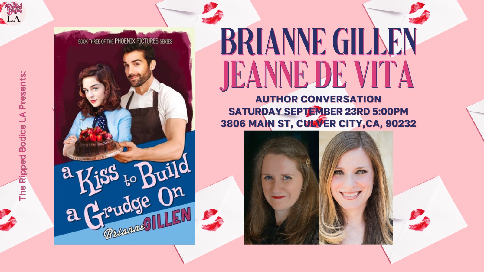 Against a pink background with kiss-sealed envelopes, the cover of A Kiss To Build a Grudge On, and photos of Brianne Gillen and Jeanne De Vita, along with details about the event at the Ripped Bodice (which are also found in the post on this web page.)